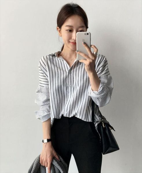 

s xl plus size striped women shirt long sleeve turn down collar casual 2021 new summer ol office work blouse, White