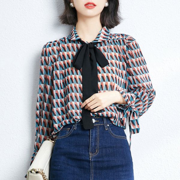 

fashion new printed bow shirt long sleeve girl blouse lapel ol women's shirt temperament ladies chiffon shirt, White