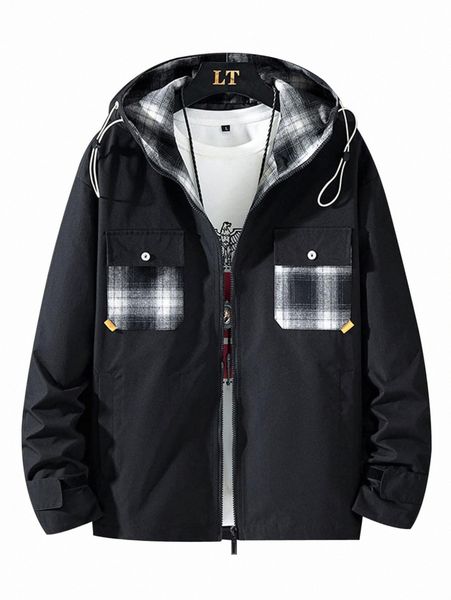 

men figure & letter graphic zip up hooded jacket d2rk#, Black;brown