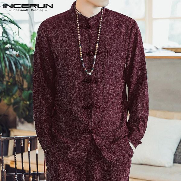 

men's casual shirts incerun chinese style men shirt long sleeve button streetwear stand collar vintage elegant solid camisa s-5xl1, White;black