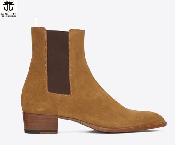 

fr.lancelot 2017 fashion new men's boots british pointed toe suede leather boots leopard men's slip on booties1, Black