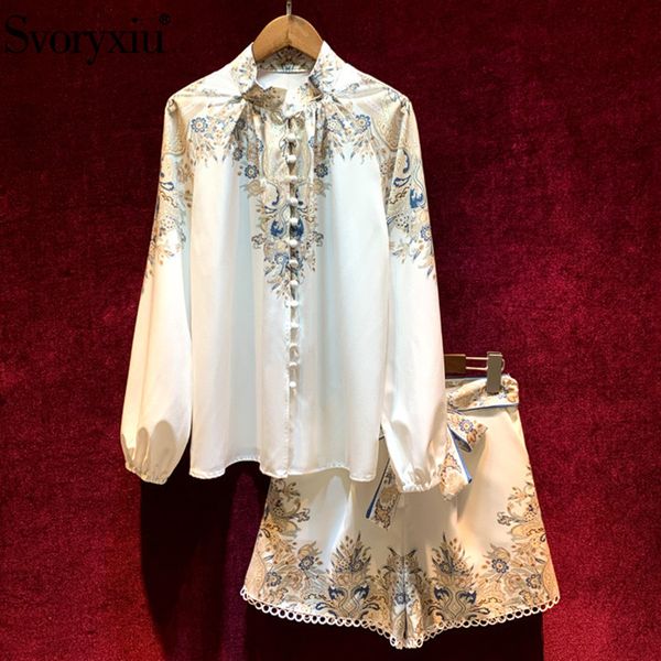 

svoryxiu new spring summer runway two piece set women's elegant lantern sleeve flower print blouse + shorts suits fashion 201120, White