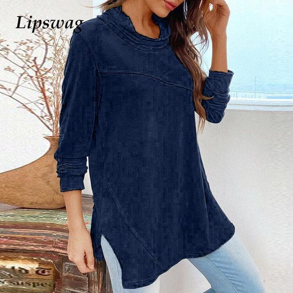 

new autumn vintage turtleneck loose blouse shirts women casual solid irregular shirt fashion long sleeve plus size pullover1, White