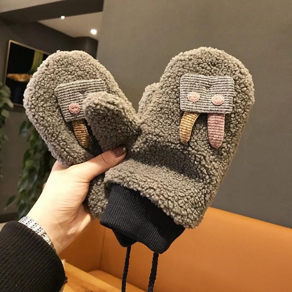 

five fingers gloves 2021 winter women cute cartoon fur female double warm full finger mittens christmas gifts, Blue;gray