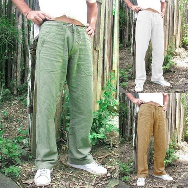 

summer mens cotton linen trousers summer pants 2xl casual male solid elastic waist straight loose pants plus size, Black