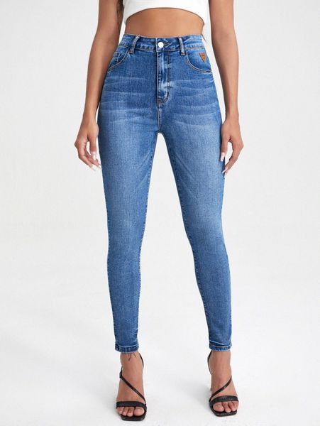 

high waist patched detail skinny jeans n9rw#, Blue