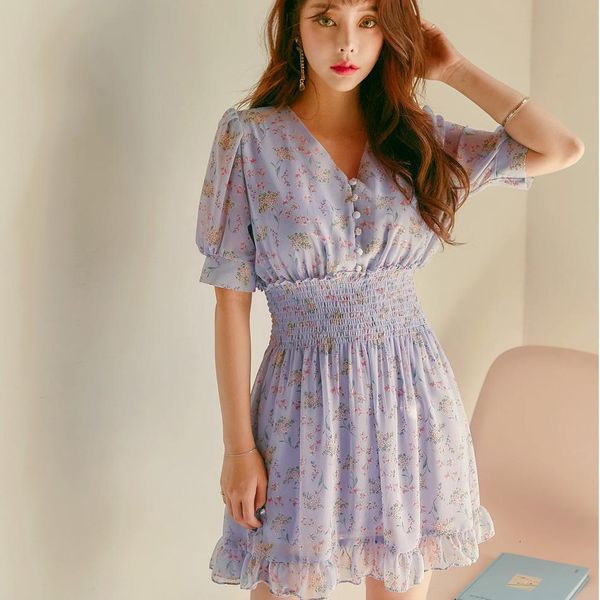 

button purple ruffle dress women floral chiffon korean vestido floral mini sundress vestidos cortos summer 2021 playa v neck, Black;gray