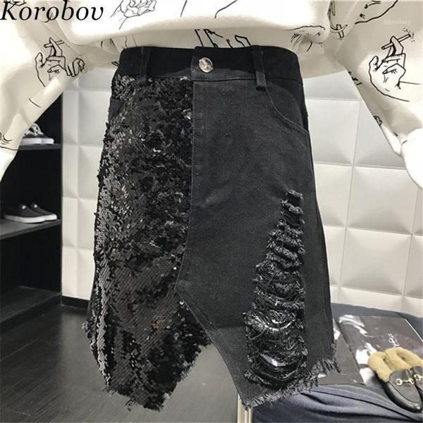 

skirts korobov 2021 arrival hole denim skirt party a-line sequined patchwork tassel irregular femininos vestido 768331, Black