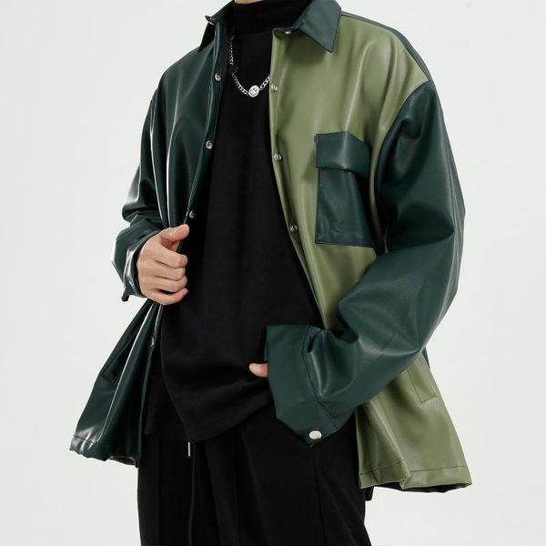 

male streetwear hip hop loose coat outerwear men vintage casual splice long sleeve leather shirt style jacket1, Black