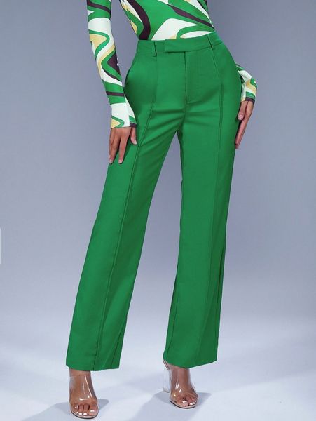 

high waist seam detail slant pockets pants s63t#, Black;white
