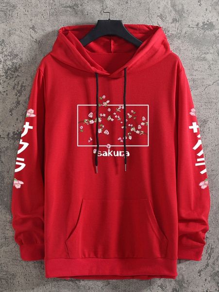 

men floral & japanese letter graphic drawstring hoodie f2po#, Black