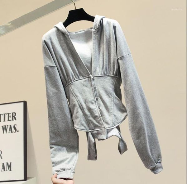 

ins fashion zip hoodie women sweatshirt slim grey corset sport wear jacket female slim cap blouse shirts1, Black