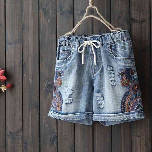 

geometric embroidery holes cotton denim shorts women summer casual loose plus size -3xl, Blue