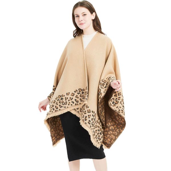 

new leopard print split shawl cashmere scarf women's large cape in autumn and winter of 2019, Blue;black
