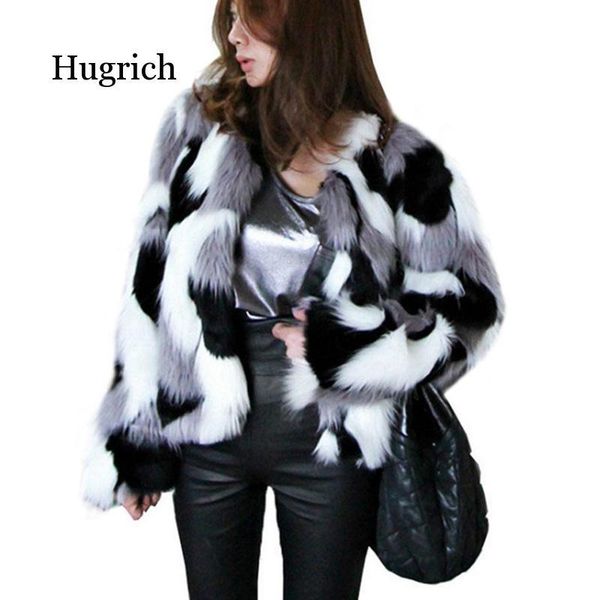 

autumn winter new fur jacket coat big size women's loose round neck short ladies mixed color coat size outerwear, Black
