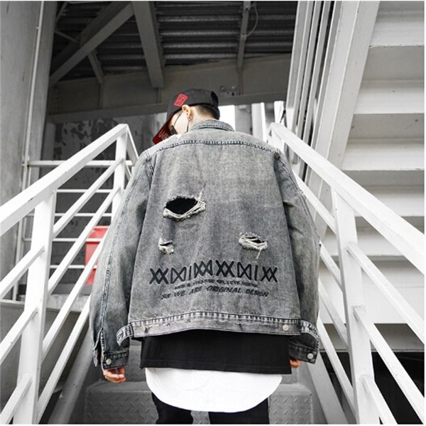 

mens punk xxi letter print single button denim jacket women high street ripped holes denim coat hip hop distressed outwear coat, Black;brown