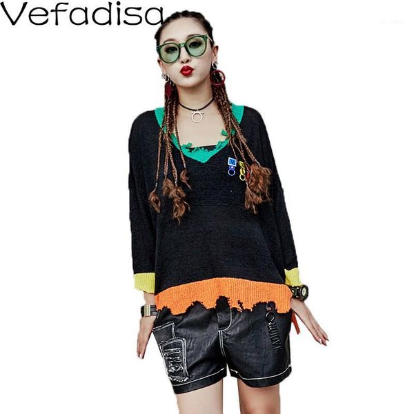 

vefadisa hole big size sweater women 2020 patchwork v-neck long sleeve irregular pullover sweater black new spring tide qyf18391, White;black