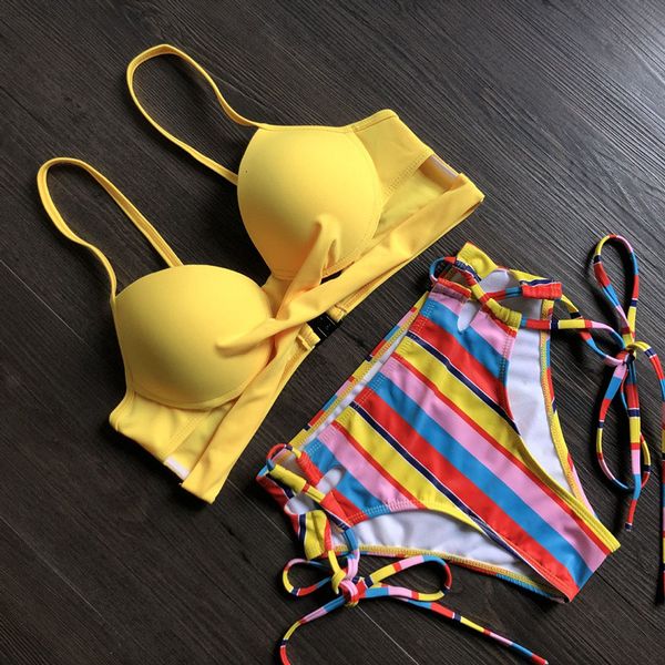 

summer swimwear 2020 yellow striped brazilian set bikini women beach wear bathing suit popular female swimsuit selli, White;black