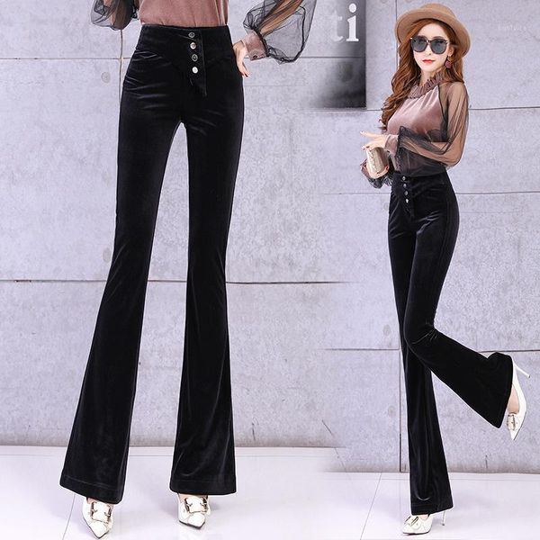 

gold velvet flared pants women's plus size women pants new high waist trousers slim casual trousers women wide leg1, Black;white