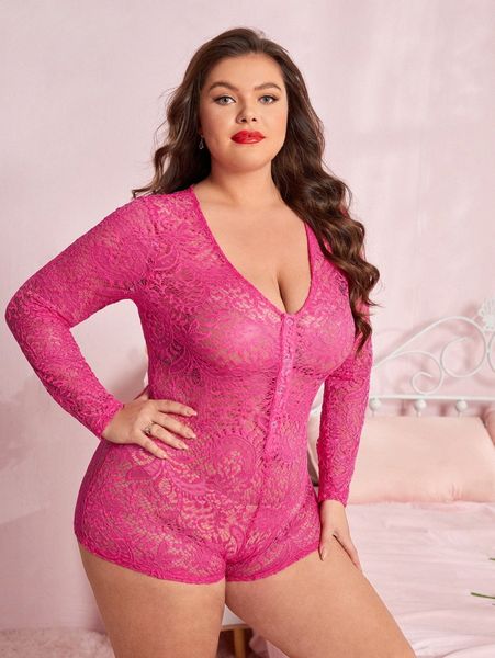 

plus button front sheer lace romper without underwear o6wf#, Black;white