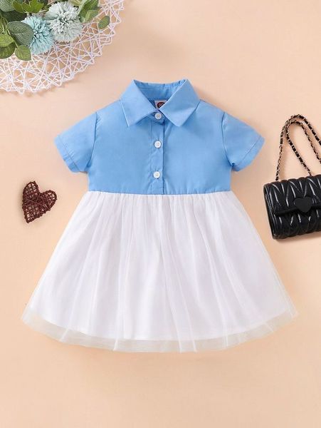 

baby half button contrast mesh hem dress she, Red;yellow