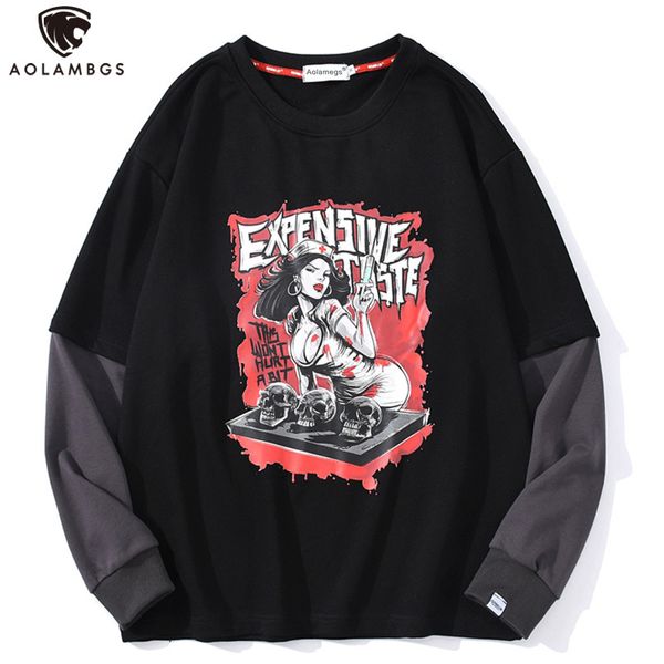 

aolamegs fake 2 pieces sweatshirt men bloody horror comics movie print o-neck pullover men baggy hip hop autumn streetwear c0127, Black