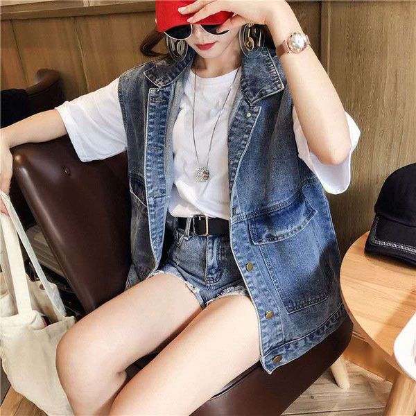 

2021 new spring trend denim female vest vintage cardigan jacket sleeveless collar women's clothes y163 0s8l, Black;white