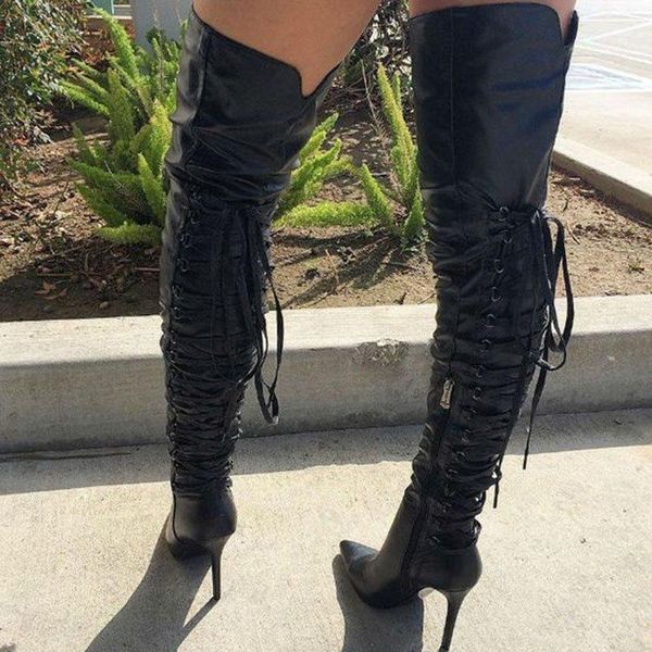 

women fashion over the knee boots high heel boots thigh lace up long pointed toe high bandage women booties1, Black