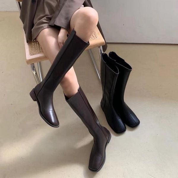 

suojialun зима женщины езда сапоги вернуться zipper высокого качества мягкий pu кожа длинные сапоги плоский каблук квадратный носок колена в, Black