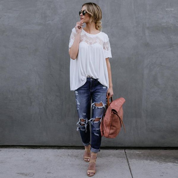 

lady chiffon lace patchwork shirt hollow out short sleeve casual blouse1, White