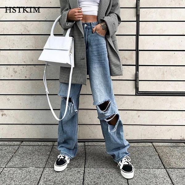 

women's jeans fashion high waist 2021 women's cargo loose destroyed hole denim mopping pants casual vintage straight wide leg trou, Blue