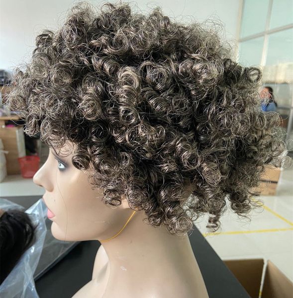 

custom gray human hair wig glueless short two tone mixed silver grey soft salt and pepper afro kinky curly non lace wigsd diva1, Black;brown