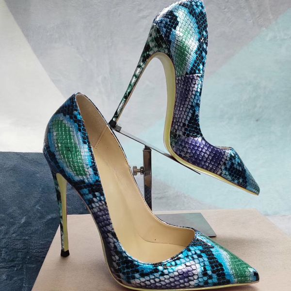 

size 34-45 snake print shallow pointed toe real leather inside stiletto high heels women party dress pumps shoes 12cm 10cm, Black