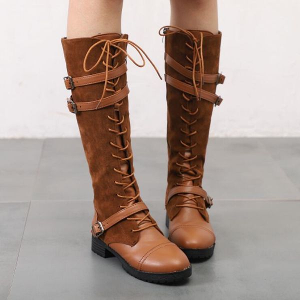 

boots large size 43 women autumn/winter round head with knight comfortable square fashion lace long, Black