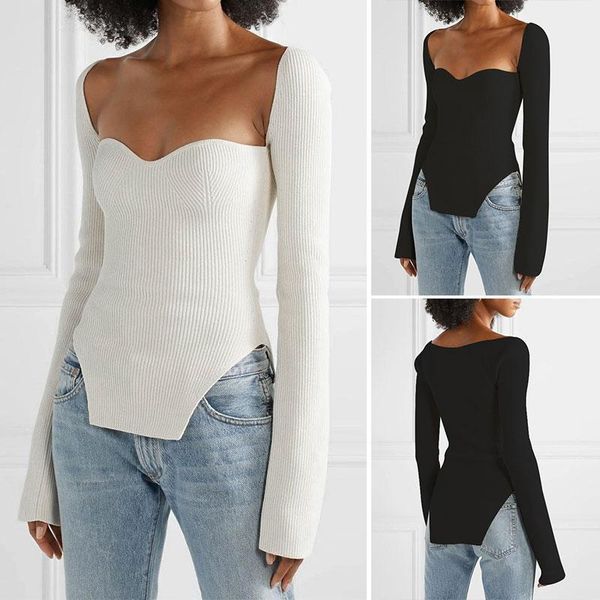 

long sleeve square neck vintage knitted sweater women irregular solid pullovers jumper1, White;black
