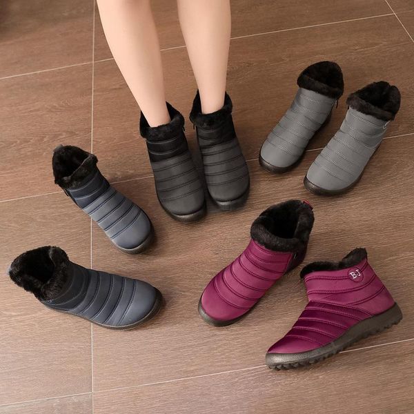

snow boots women shoes warm plush fur ankle boots winter female slip on flat casual shoes waterproof ultralight footwear, Black