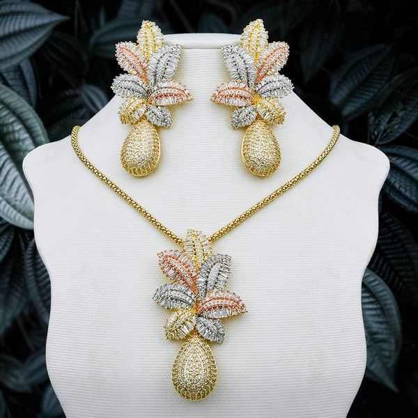 

modemangel luxury leaf pineapple flower pendant necklace and earring cubic zirconia paved wedding party fashion jewelry women, Silver