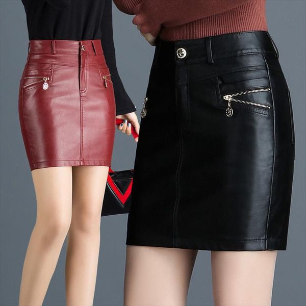 

plus size 4xl 6xl autumn women skirts imitation leather skirt winter female skirt black red fashion casual skirts womens 26