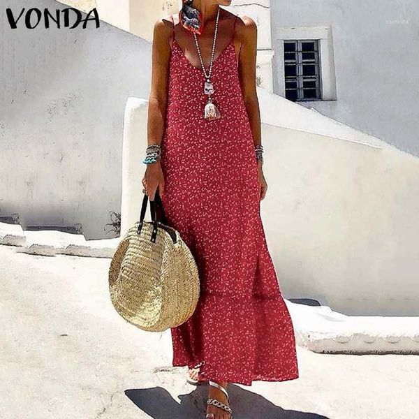 

vonda summer long maxi printed dress 2020 women v neck sleeveless bohemian dresses casual loose beach party sundresss 5xl1, Black;gray