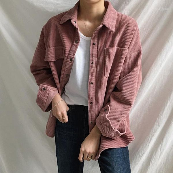 

vintage corduroy shirt women asymmetrical pockets new korean blouse femme loose all-match boyfriend bf style woman shirts casual1, White