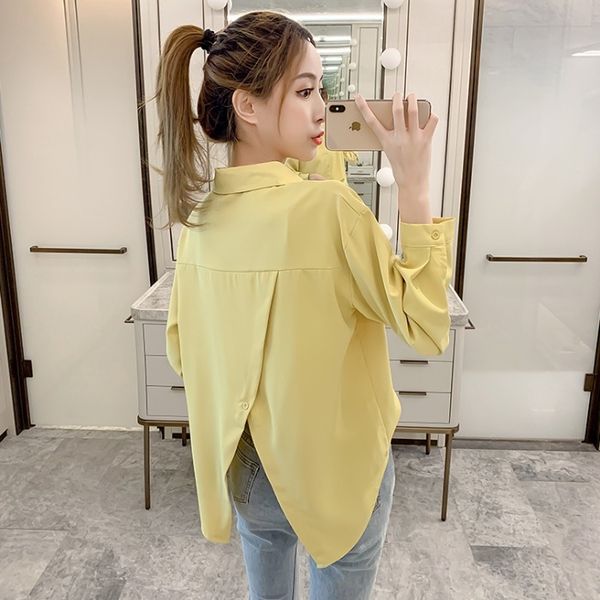 

2021 new all-match back split design chiffon women fashion western style collar solid color long-sleeved shirt n9zx, White