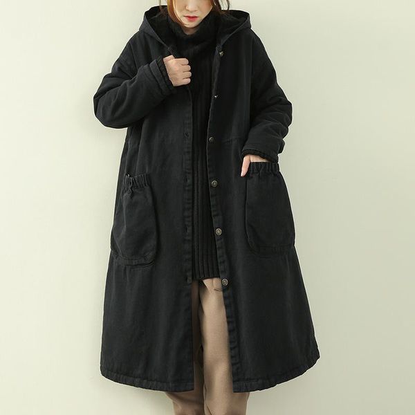 

2021 winter long fleece warm jackets women retro thicker all-match new coat hooded button pocket loose vintage jackets, Black;brown