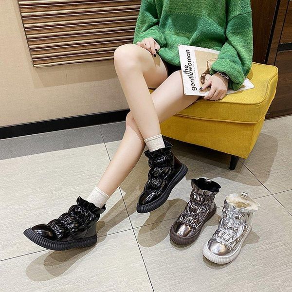 

woman flat boots shoes luxury designer plush boots-women round toe low ankle fashion rubber padded fur ladies elegant, Black