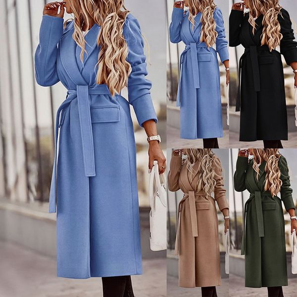 

women turn-down collar button with belt woolen coat autumn winter long sleeve pocket jacket elegant office lady long coats #3238, Black