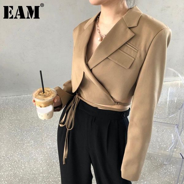 

eam] women khaki bandage irregular short blazer new lapel long sleeve loose fit jacket fashion tide spring autumn 2020 1da446, White;black
