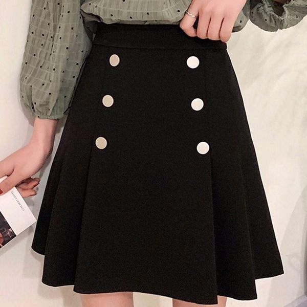 

2020 summer women vintage mini high waist a-line korean button skirt female plus size street wear solid pleated skirt x3361, Black
