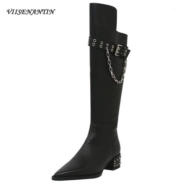 

autumn fashion new black chain retro pointed toe belt buckle mid thick heel rivet long riding boots women metal decro cool shoes1