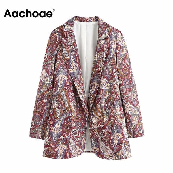 

aachoae 2021 vintage long sleeve printed blazer women office wear pockets outwear notched collar fashion jacket coats, White;black
