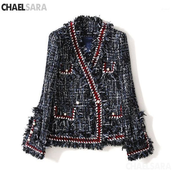 

2019 new spring autumn ladies temperament v neck tweed pearl buckle slim tassel coat women1, Black;brown