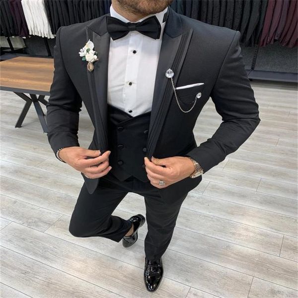 3 Stück schwarze Herrenanzüge, formelle, maßgeschneiderte Hochzeitsanzüge, modernes Revers, königlicher, hübscher Business-Mantel + Hose